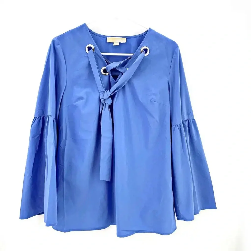 Michael Kors Blue Lace Up Neck Bell Sleeve Blouse Flowy Top NWOT Size M